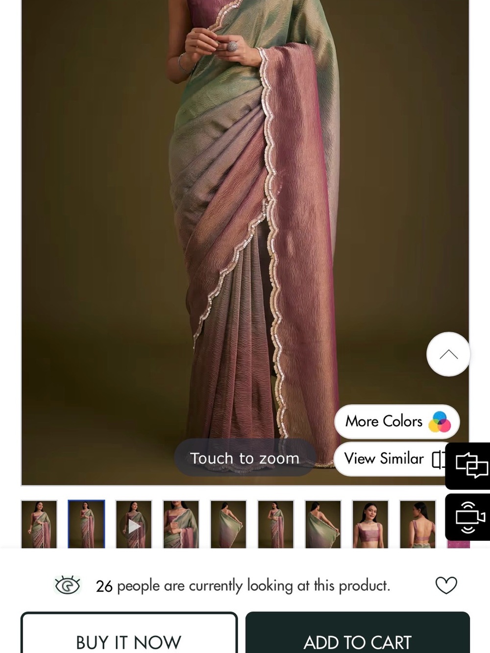Women’s Ombre Green Pink Saree with Scallop Lace Border